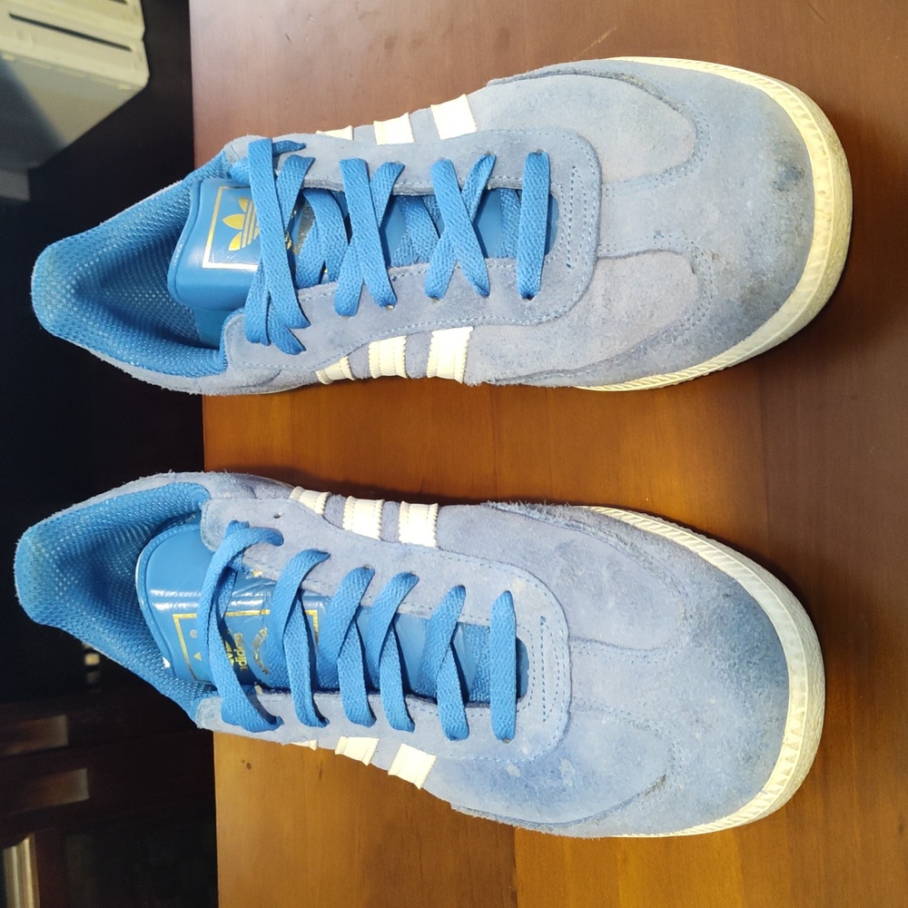 Adidas Samba blue suede and white, well worn but still a good pair of beaters